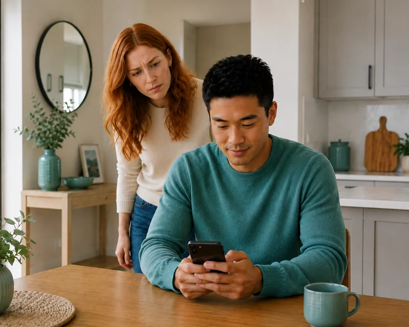 woman with trust issues looking over mans shoulder as he is texting on phone