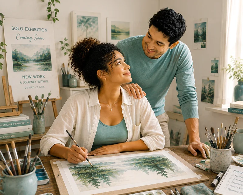 Woman painting for upcoming exhibition with her partner supporting her personal growth in the relationship