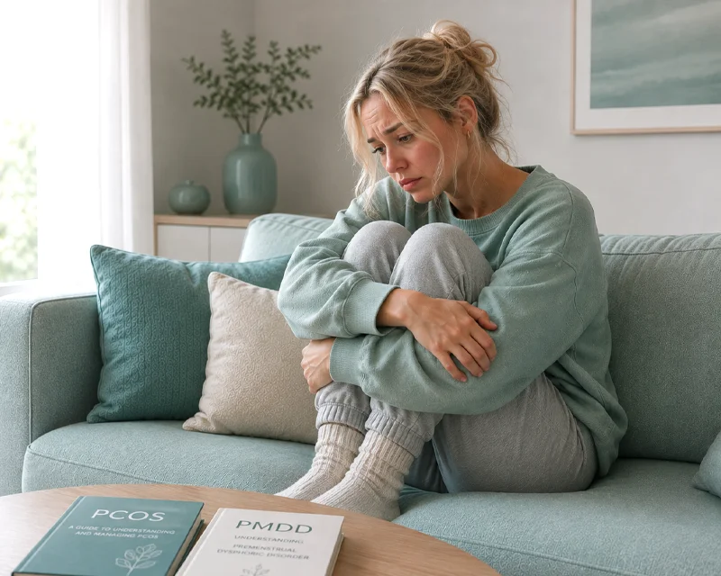 woman on sofa with pcos and pmdd
