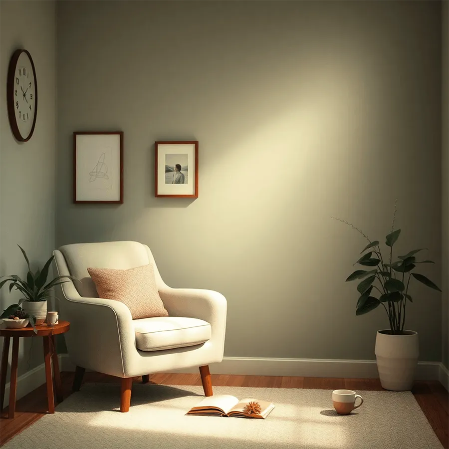 A cozy therapy room with soft lighting, a comfortable chair, a journal, a plant, and a cup of herbal tea, creating a warm atmosphere.