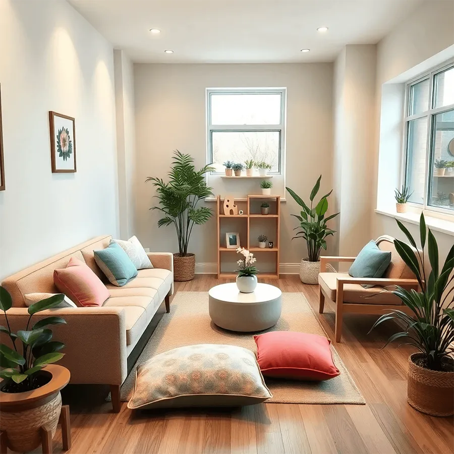 A cozy counseling room with comfortable seating, calming colors, soft lighting, a mindfulness journal, therapy cushions, and plants.