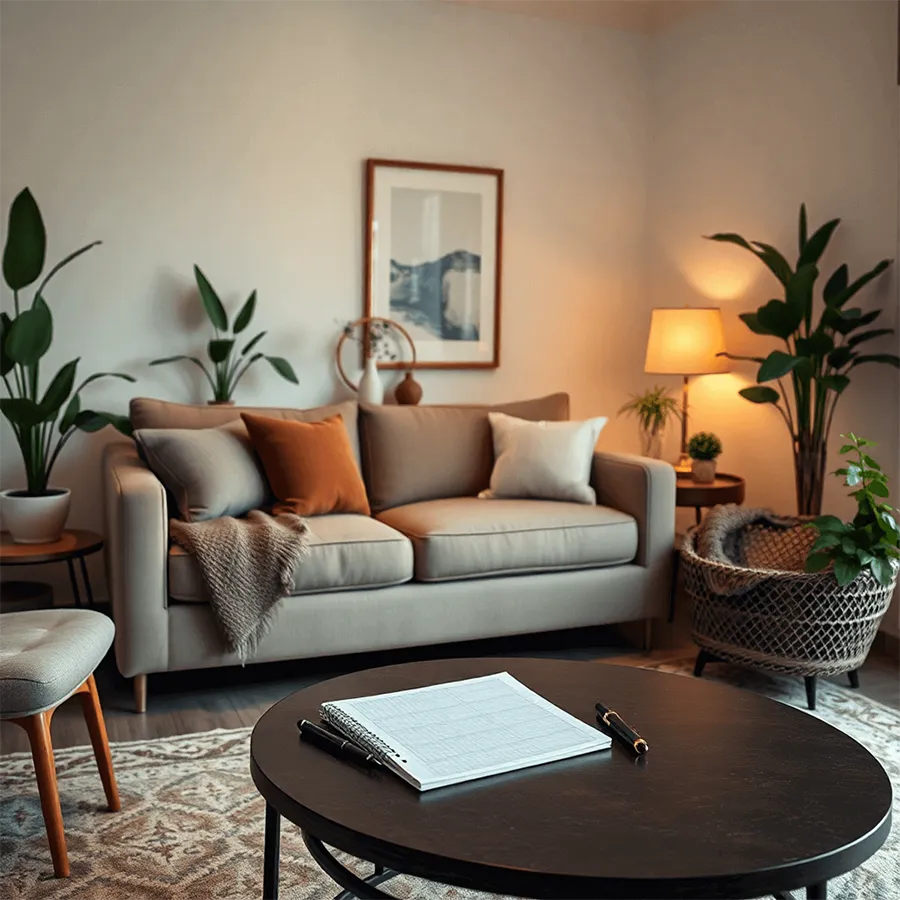 A cozy therapy room with a comfortable couch, soft lighting, calming plants and artwork, plus a notebook and pen on a coffee table