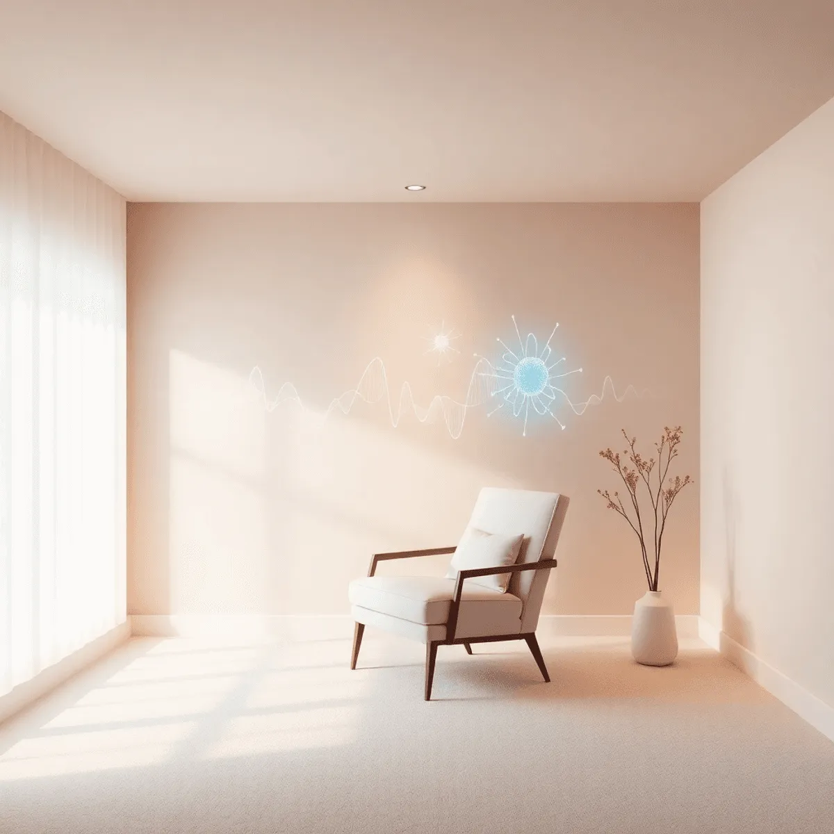 A tranquil therapy room with a comfortable chair, soft lighting, and soothing colors, featuring abstract brain wave representations in the background.