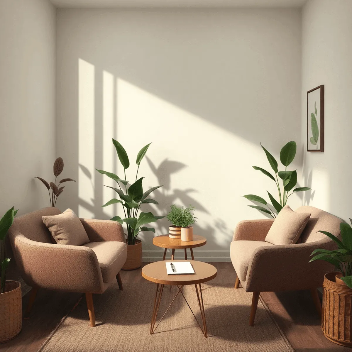 A cozy therapy room with soft lighting, comfortable seating, plants, and a notepad with a pen on a small table