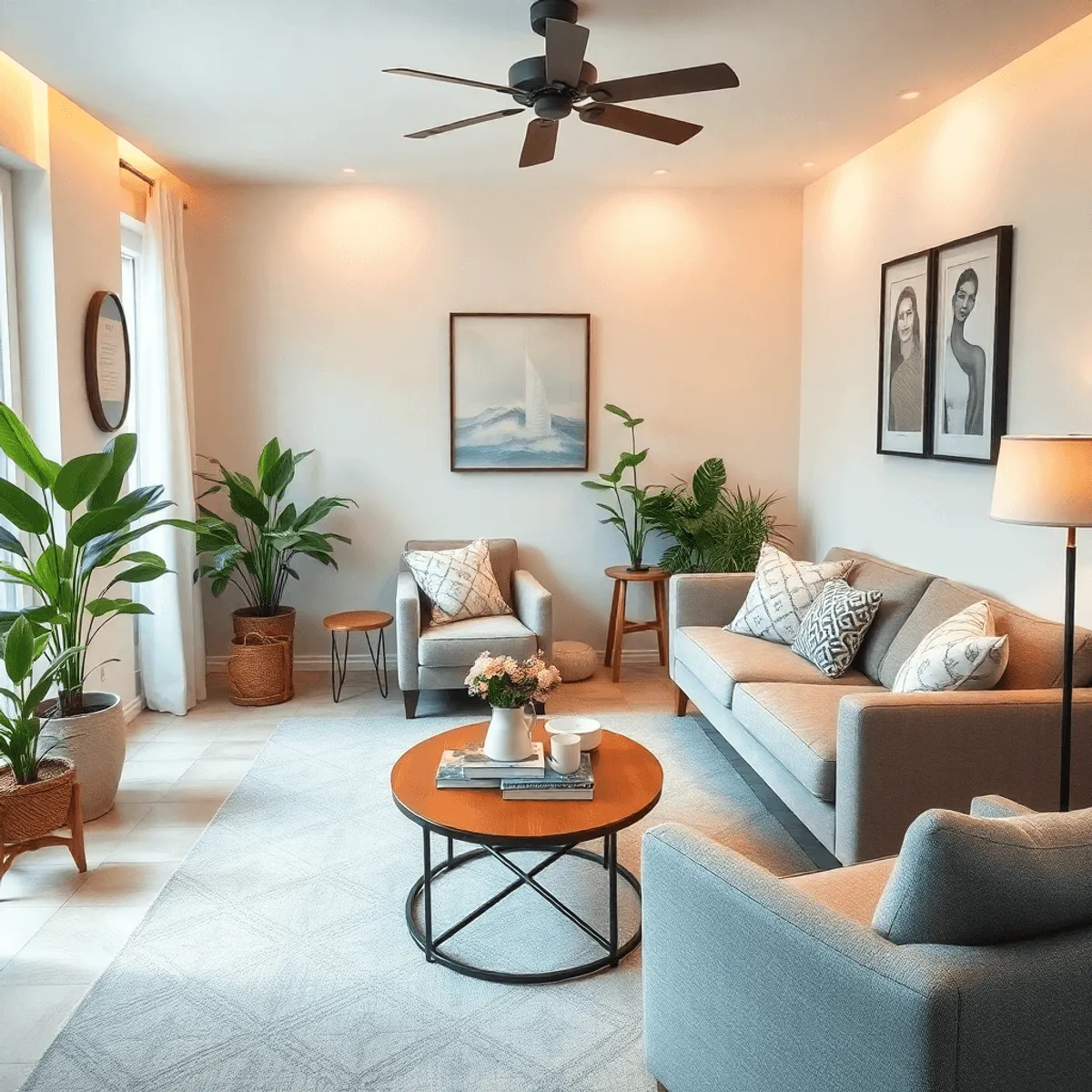 A cozy therapy room featuring comfortable seating, soft lighting, plants, and a coffee table with self-help books