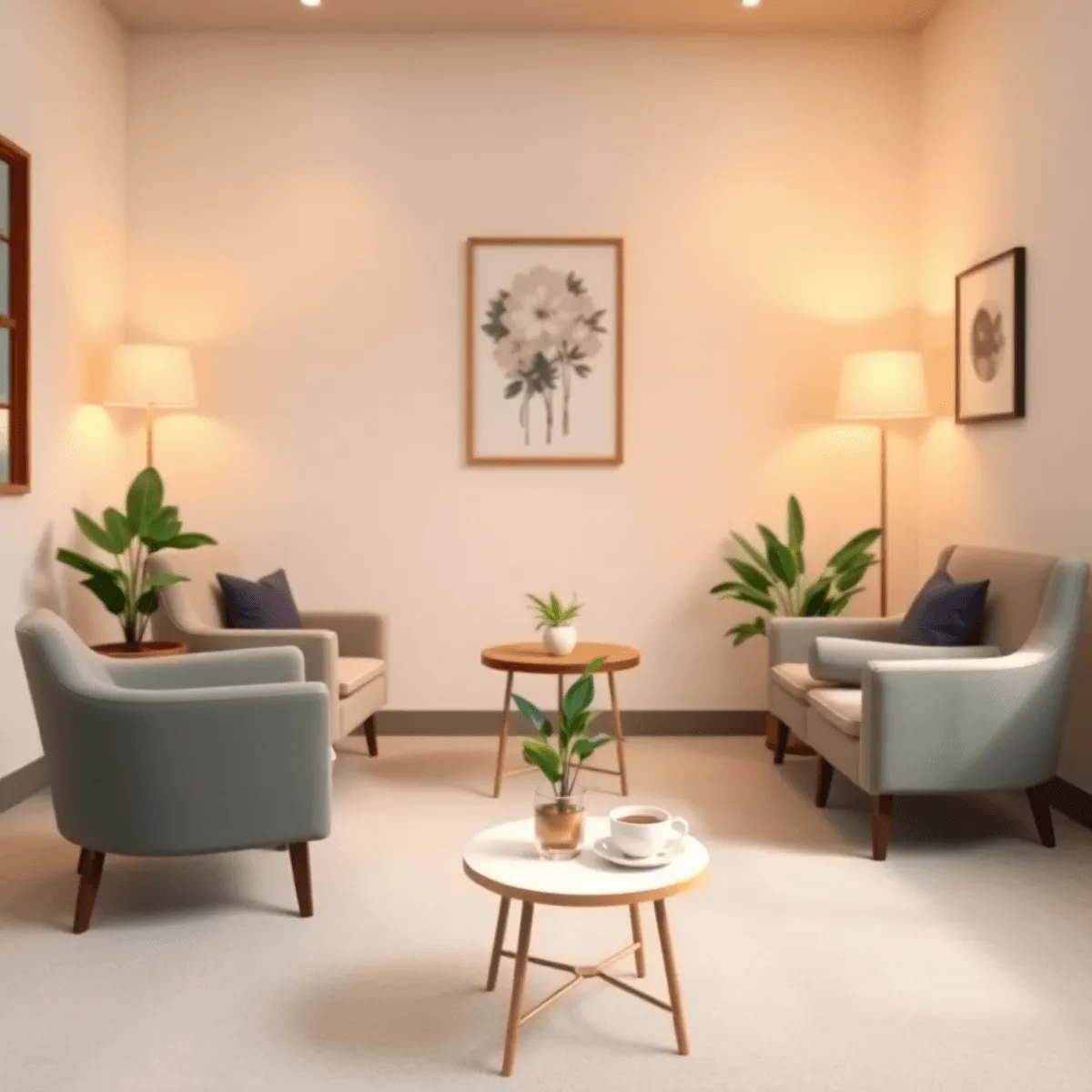 A cozy therapy room featuring comfortable seating, soft lighting, calming decor, a small table with a plant, and a cup of tea