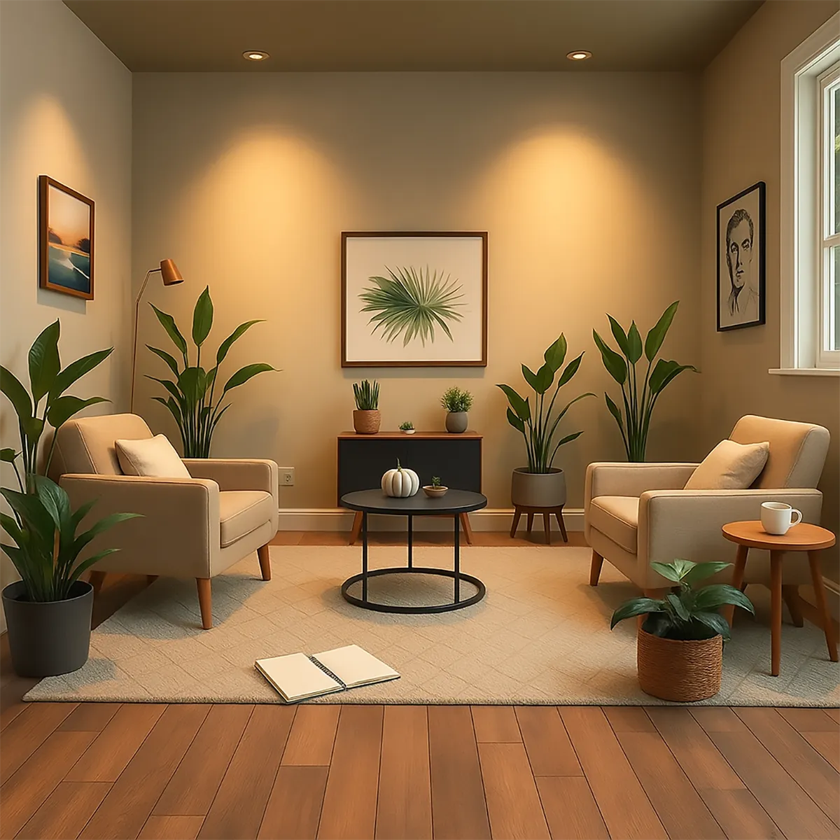 A cozy therapy room featuring comfortable seating, soft lighting, soothing plants, a notepad, and a steaming cup of tea, creating a welcoming atmosphere.