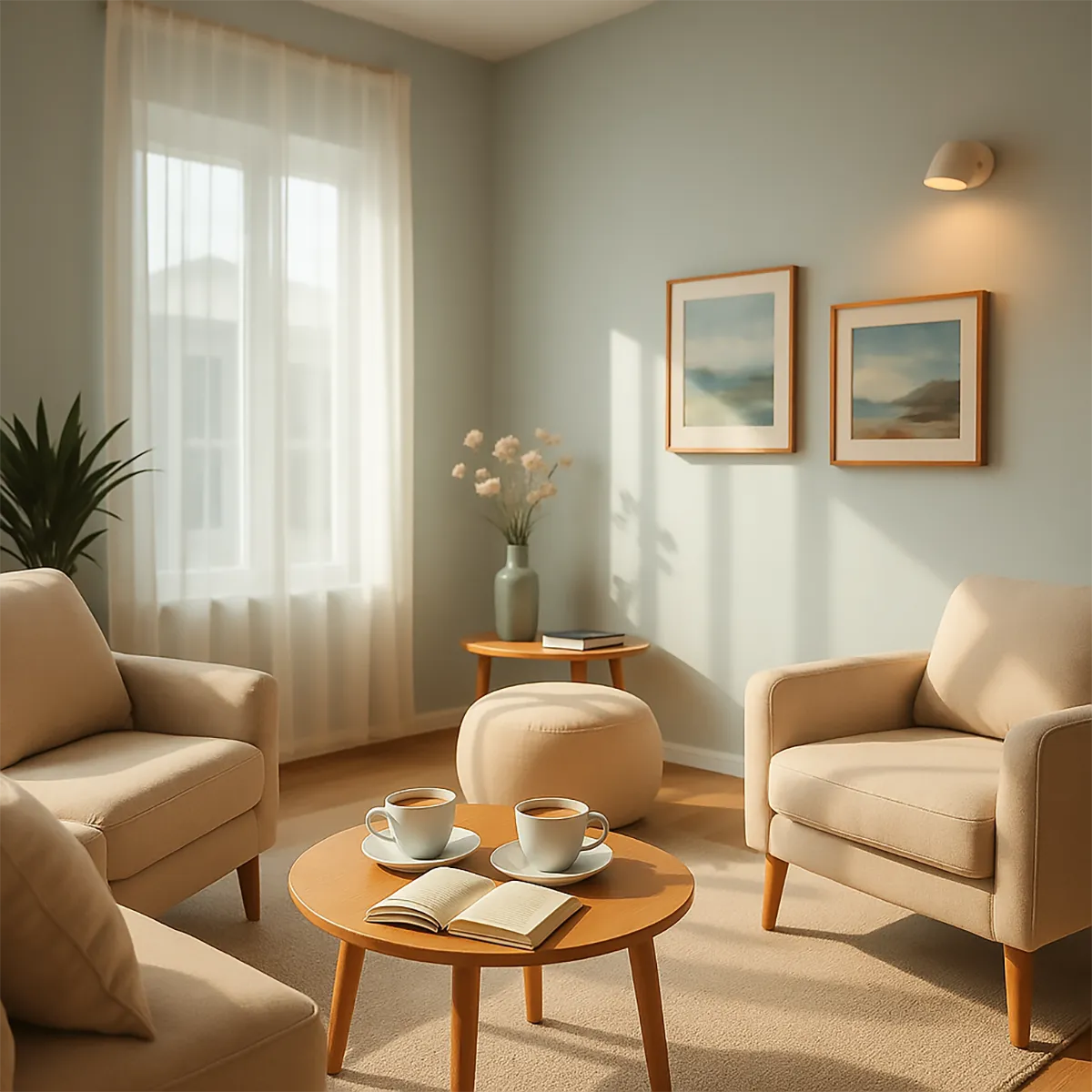 A cozy therapy room with soft lighting, comfortable seating, calming decor, a journal, a cup of herbal tea, and a potted plant.