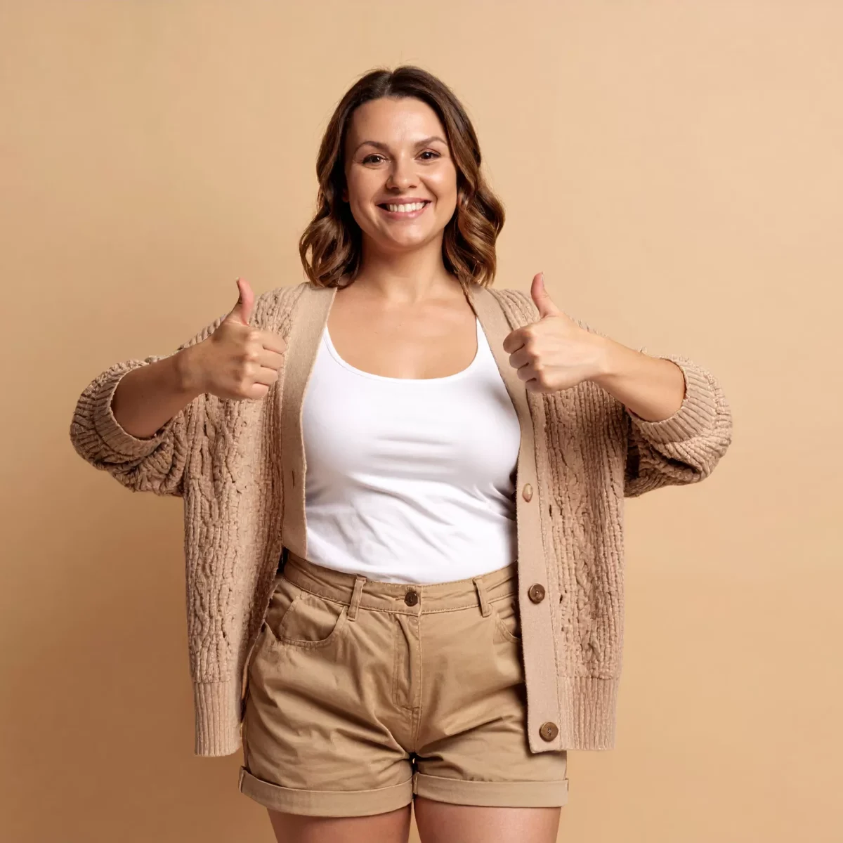 A confident woman with lipoedema smiles while wearing comfortable clothing