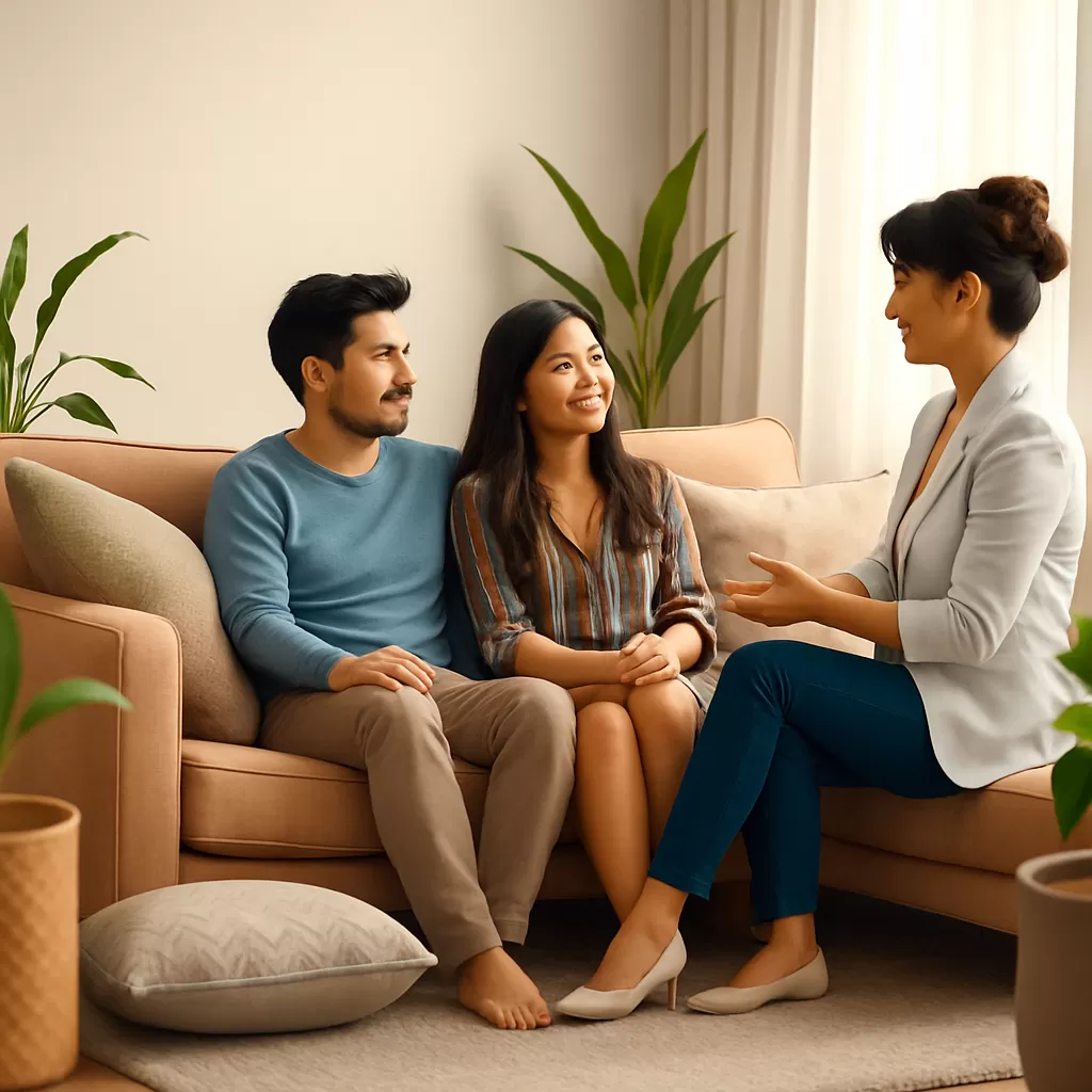 a couple sits on a cozy couch in a warmly lit ther