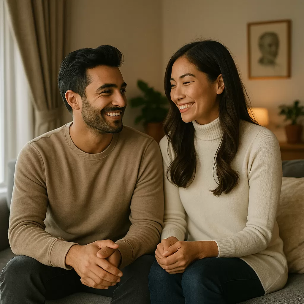 A couple sits together in a cosy setting