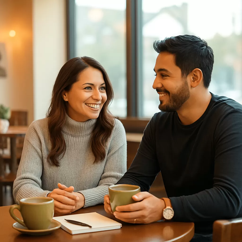A couple sitting at a cosy cafe
