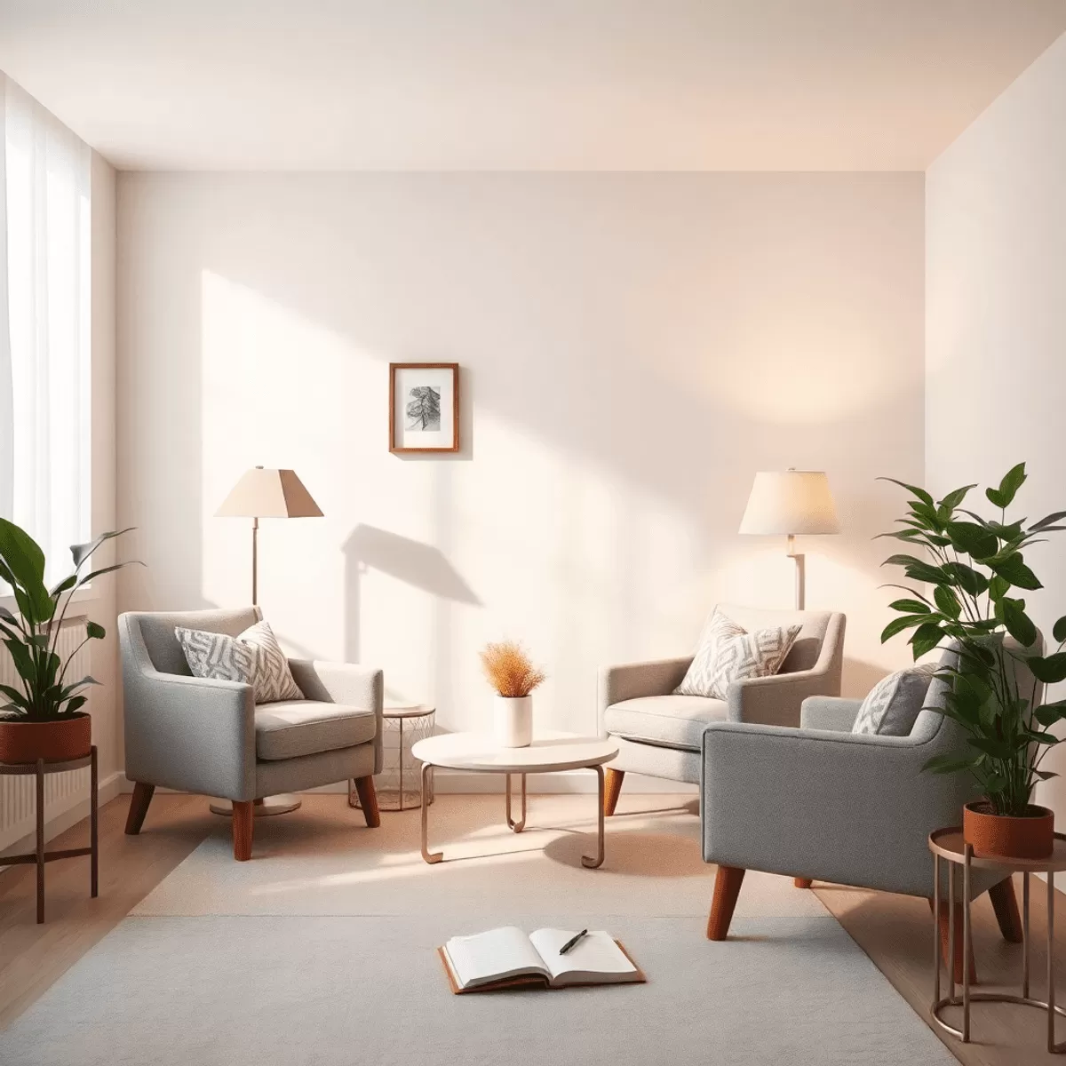 A cozy therapy room featuring comfortable seating, calm decor