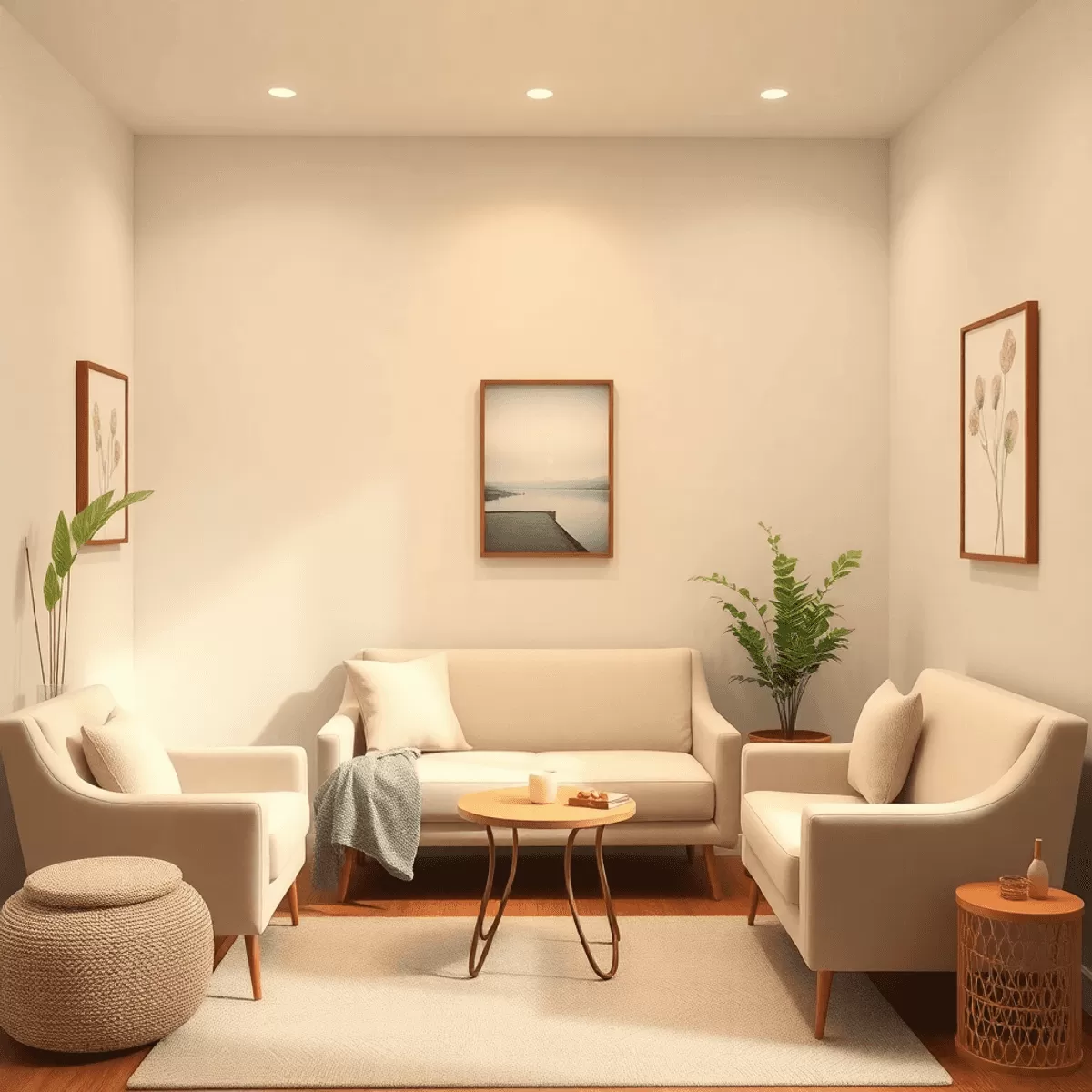 A cozy therapy room featuring soft lighting, comfortable seating, a small table with a plant, and soothing artwork on the walls