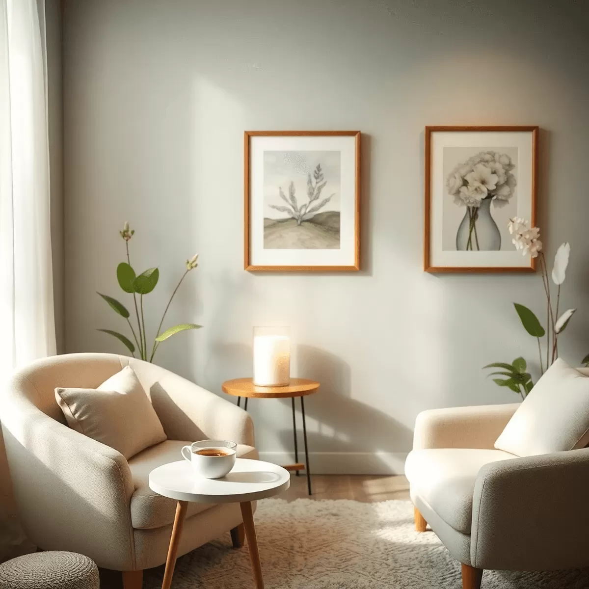 A cozy therapy room with soft lighting, a comfortable armchair, a small table with herbal tea, and soothing artwork, creating a serene and inviting...