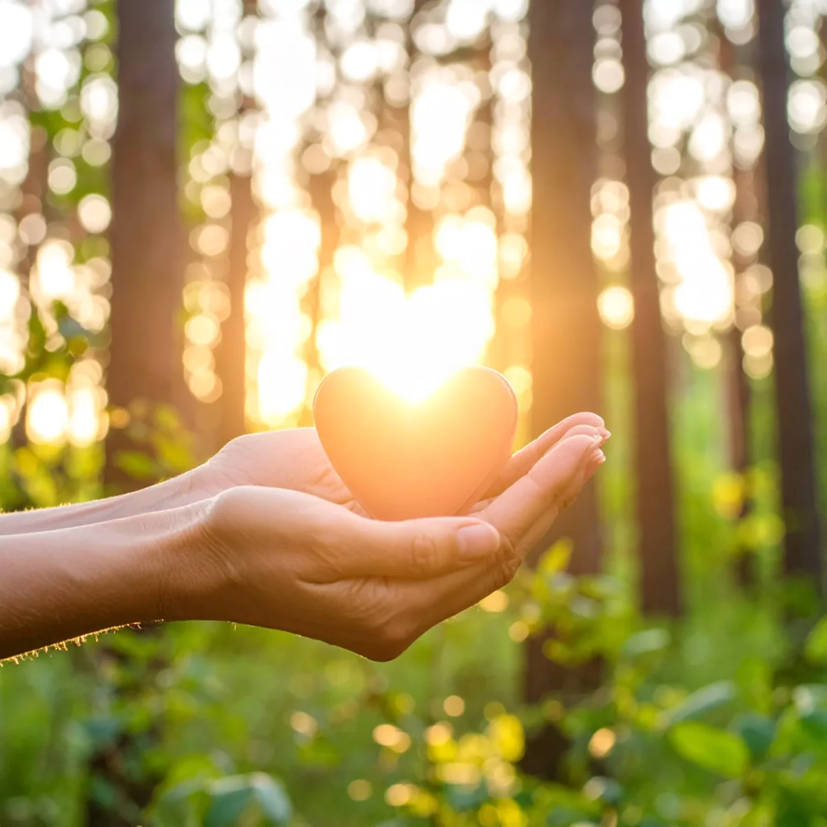 a forest scene with gentle hands cradling a glowin