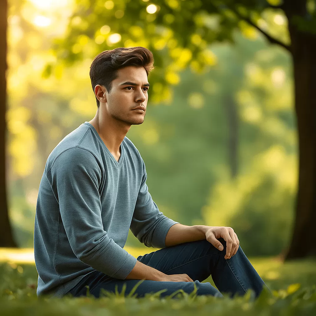 A man sits alone in a serene outdoor setting