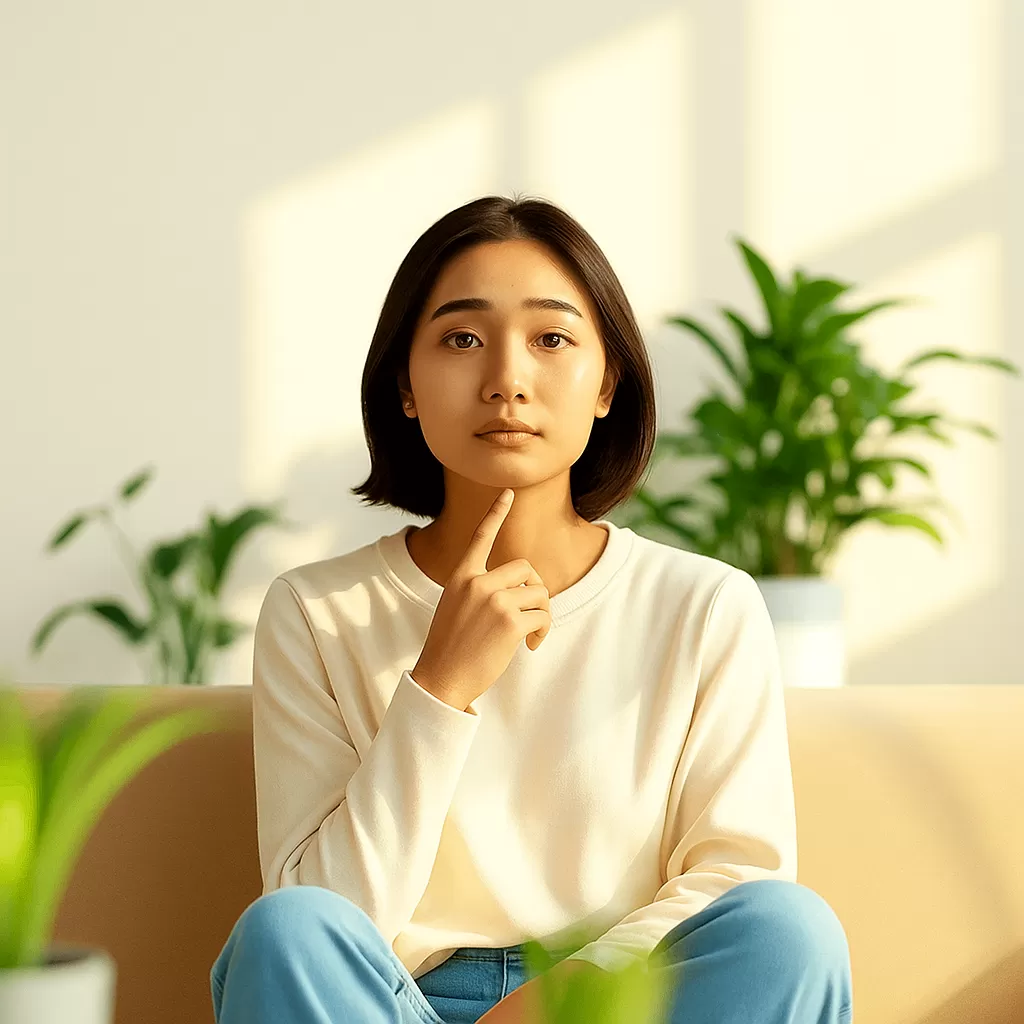 a person sits in a tranquil therapy space