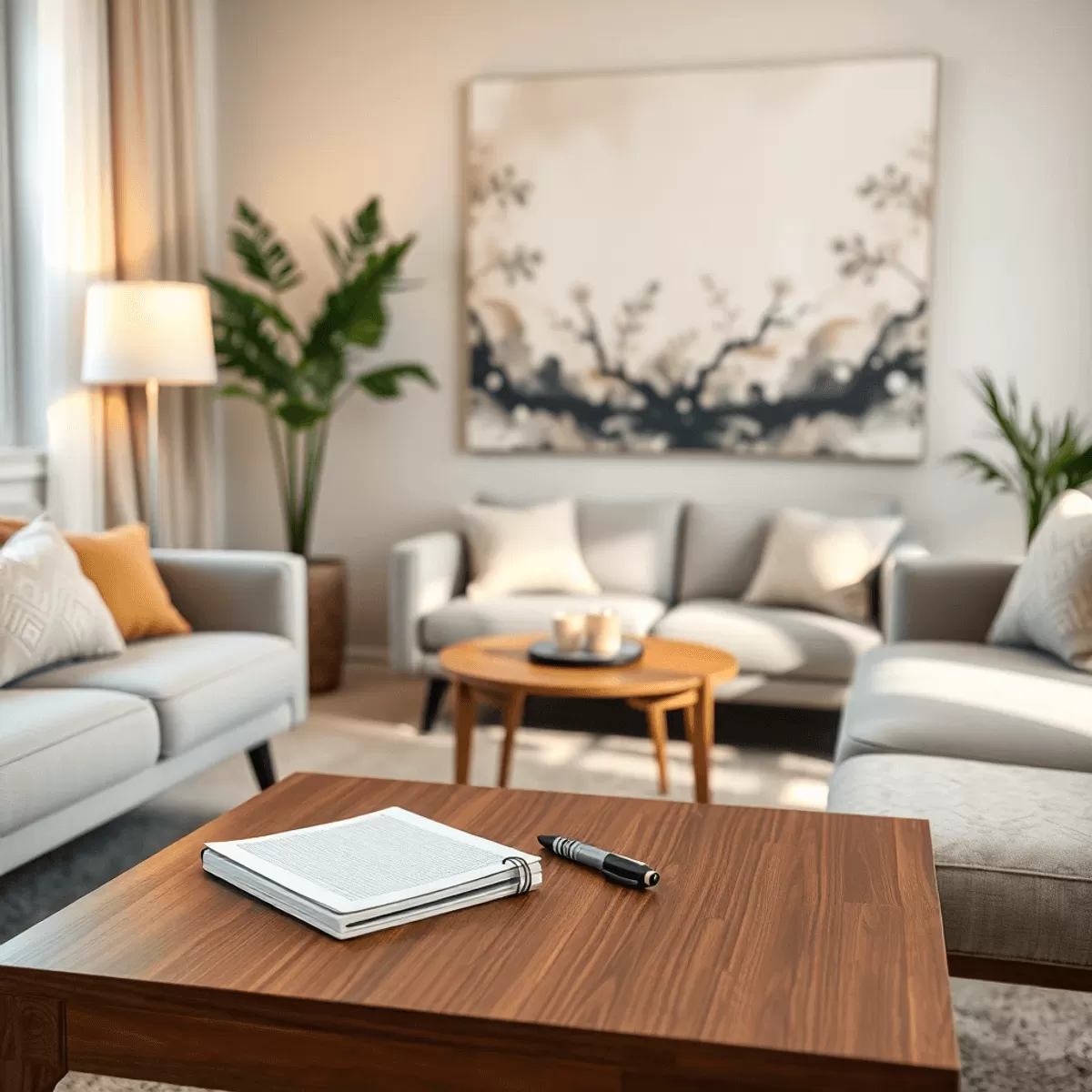 A therapy room with comfortable seating, notepad and pen