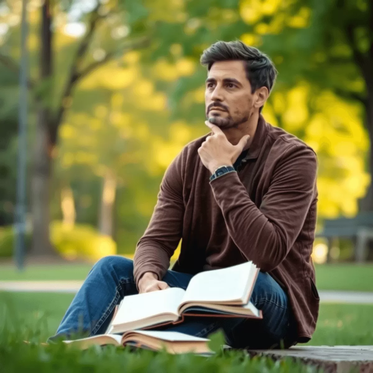 A thoughtful man sits alone in a serene environment
