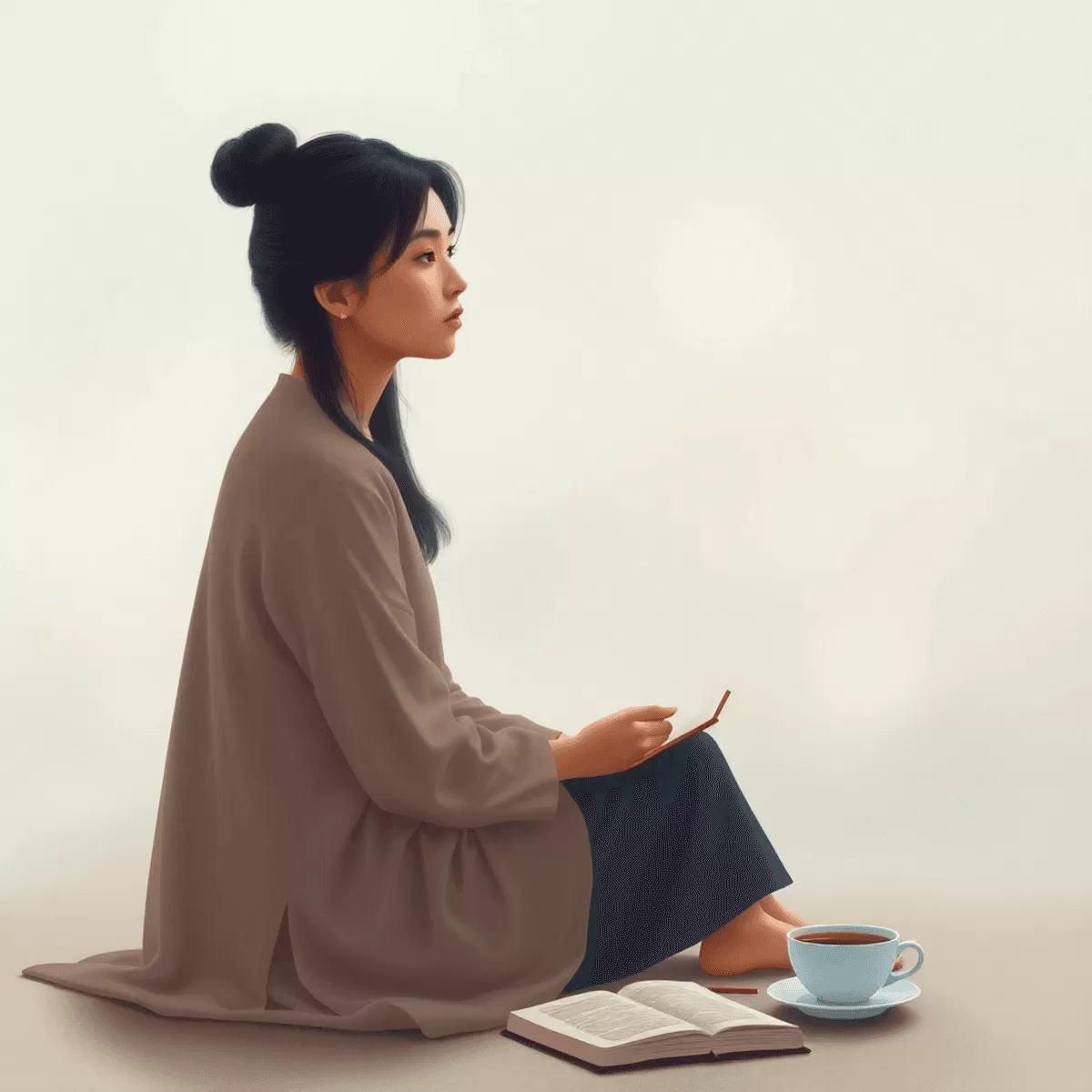 A woman sits alone in a peaceful setting