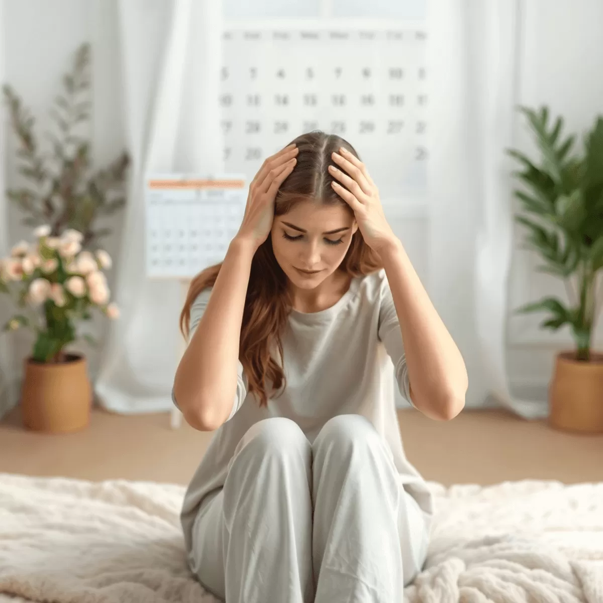 A woman sitting peacefully in a serene environment, holding her head in her hands