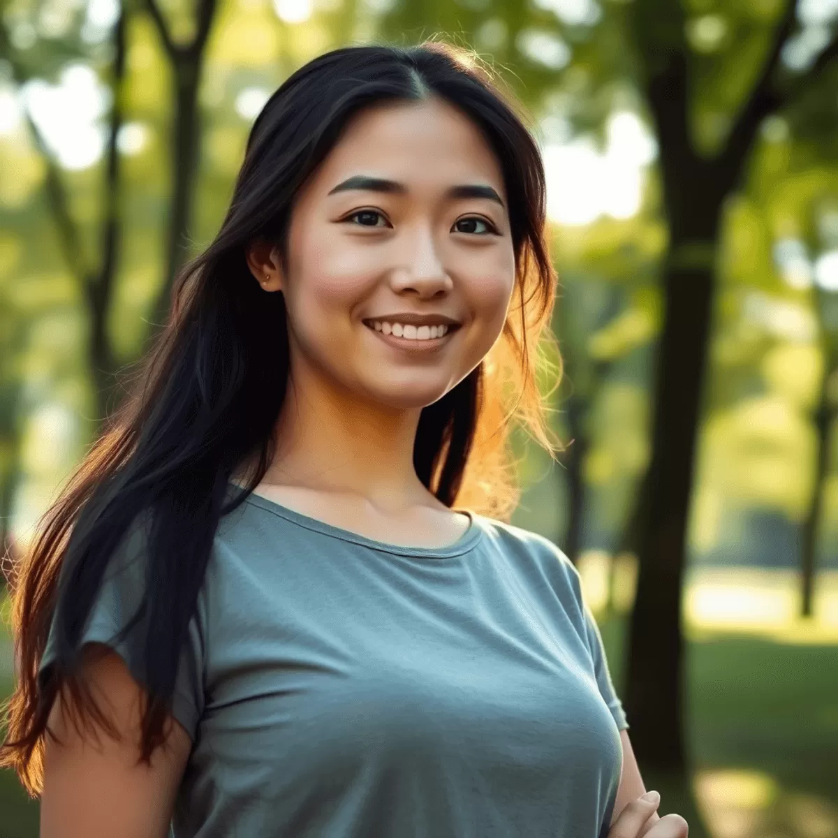a young woman stands confidently in a sunlit park