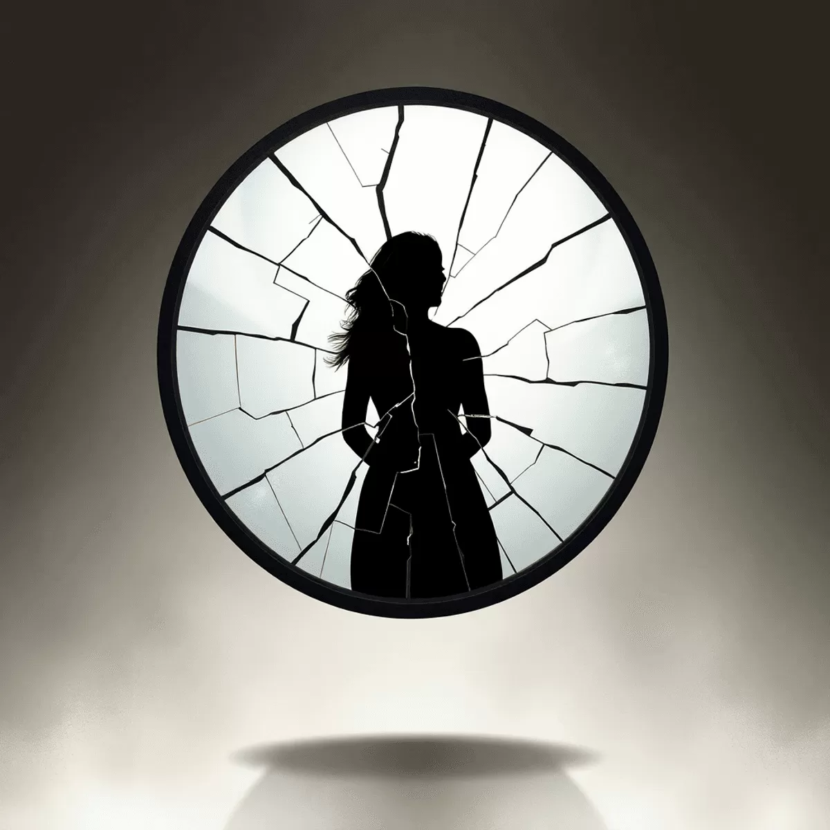 broken mirror reflects a persons silhouette