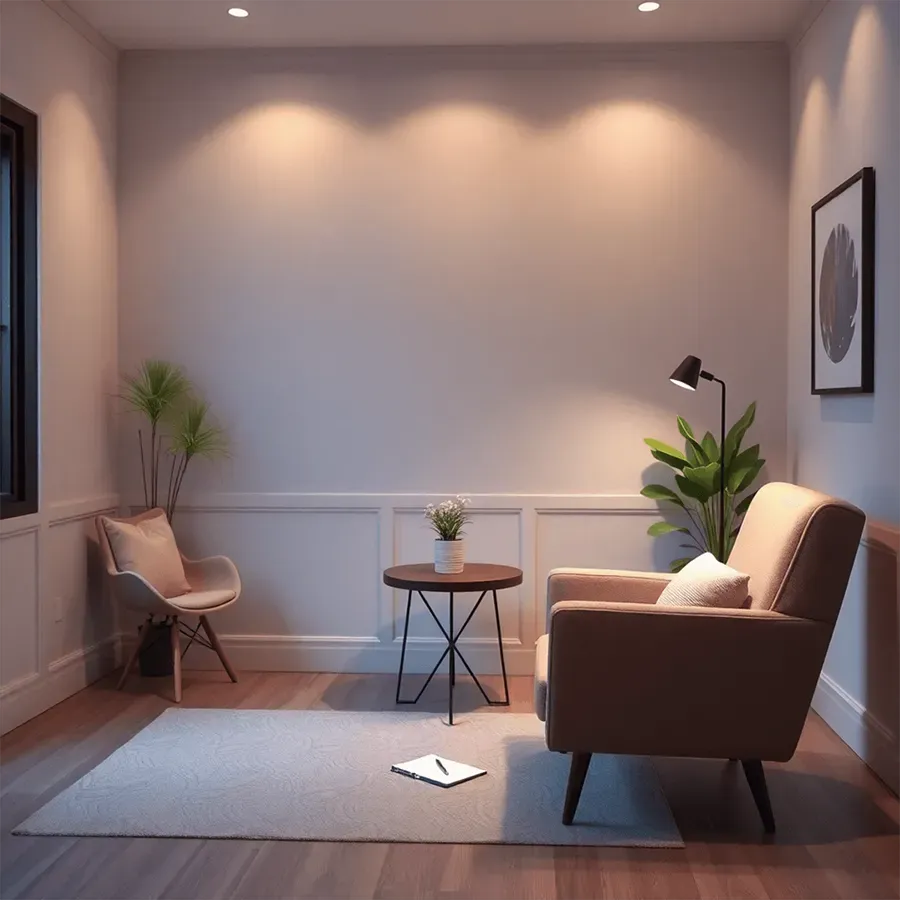 A cozy therapy room featuring soft lighting, a comfortable chair, a small table with a plant, and a notepad with a pen