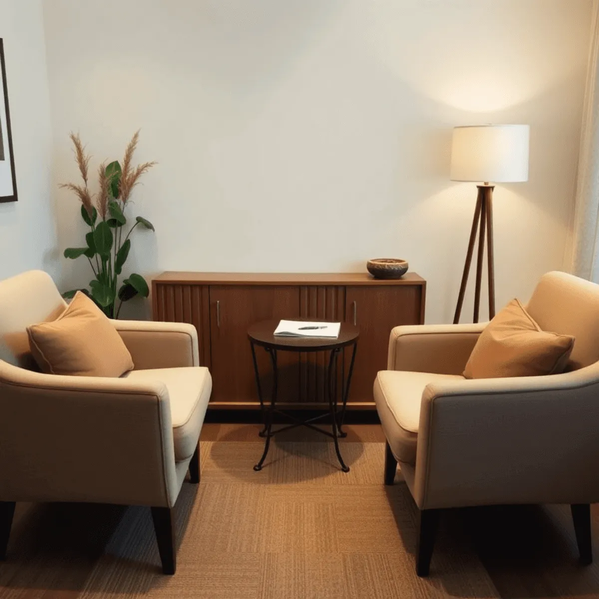 Cozy therapy room with two comfortable chairs facing each other, a small table with a notepad and pen, soft lighting, and calming decor.