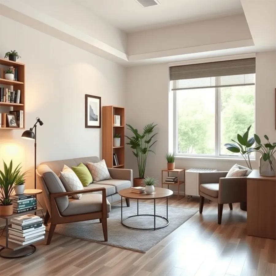 A cozy counseling office with soft lighting, comfortable seating, plants, and mental health books