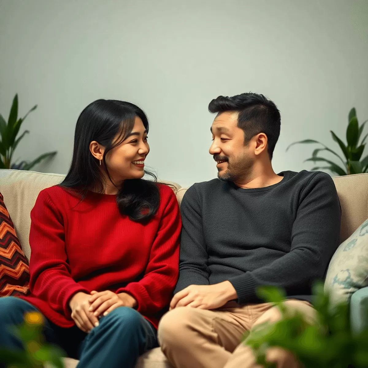 couple sits together on a cozy couch