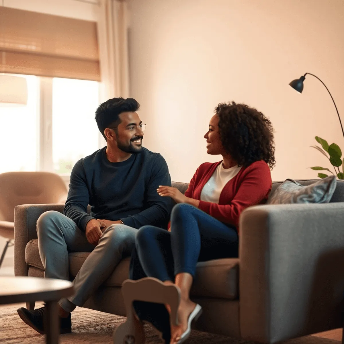 A cozy, softly lit room with a diverse couple sitting on a couch, engaged in deep conversation