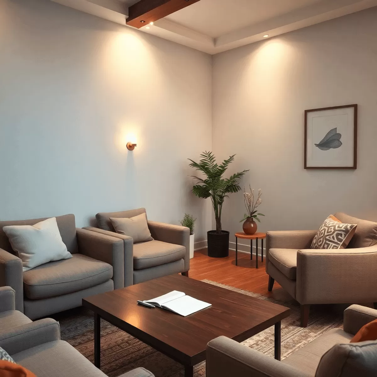cozy therapy room with soft lighting