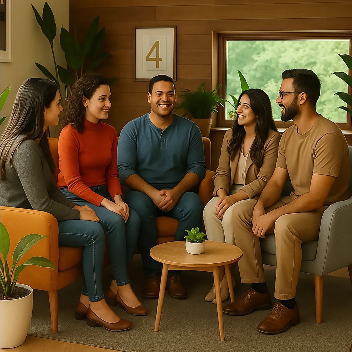 diverse group of people sitting in a cozy counselling space