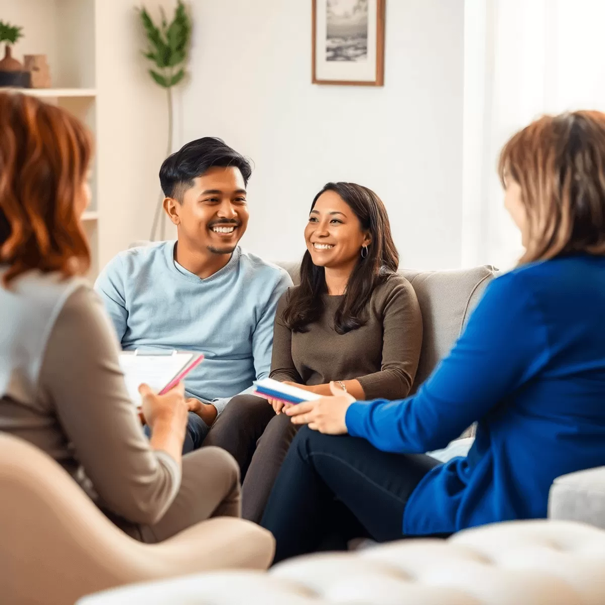 happy couple on couch in therapy session