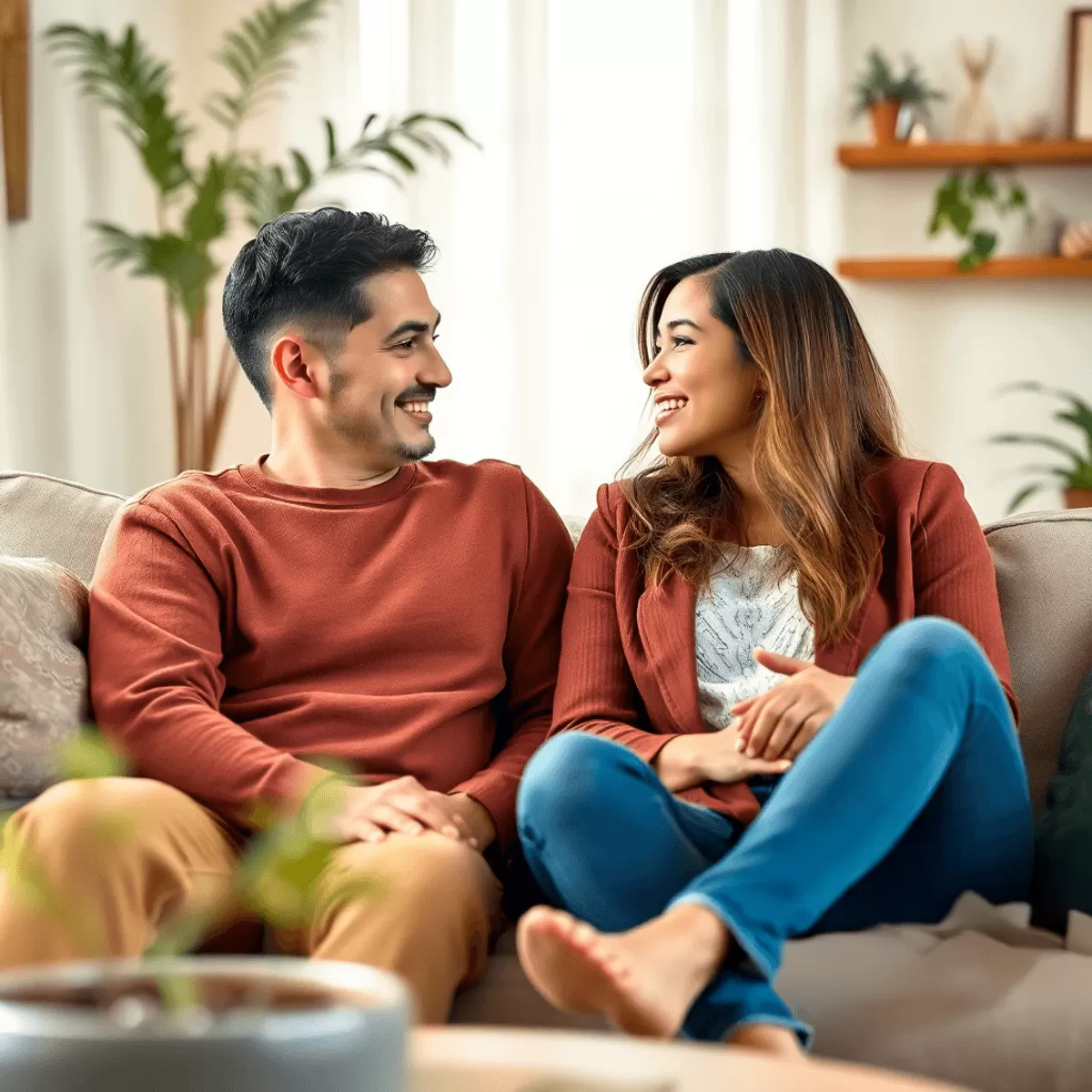 happy couple on couch