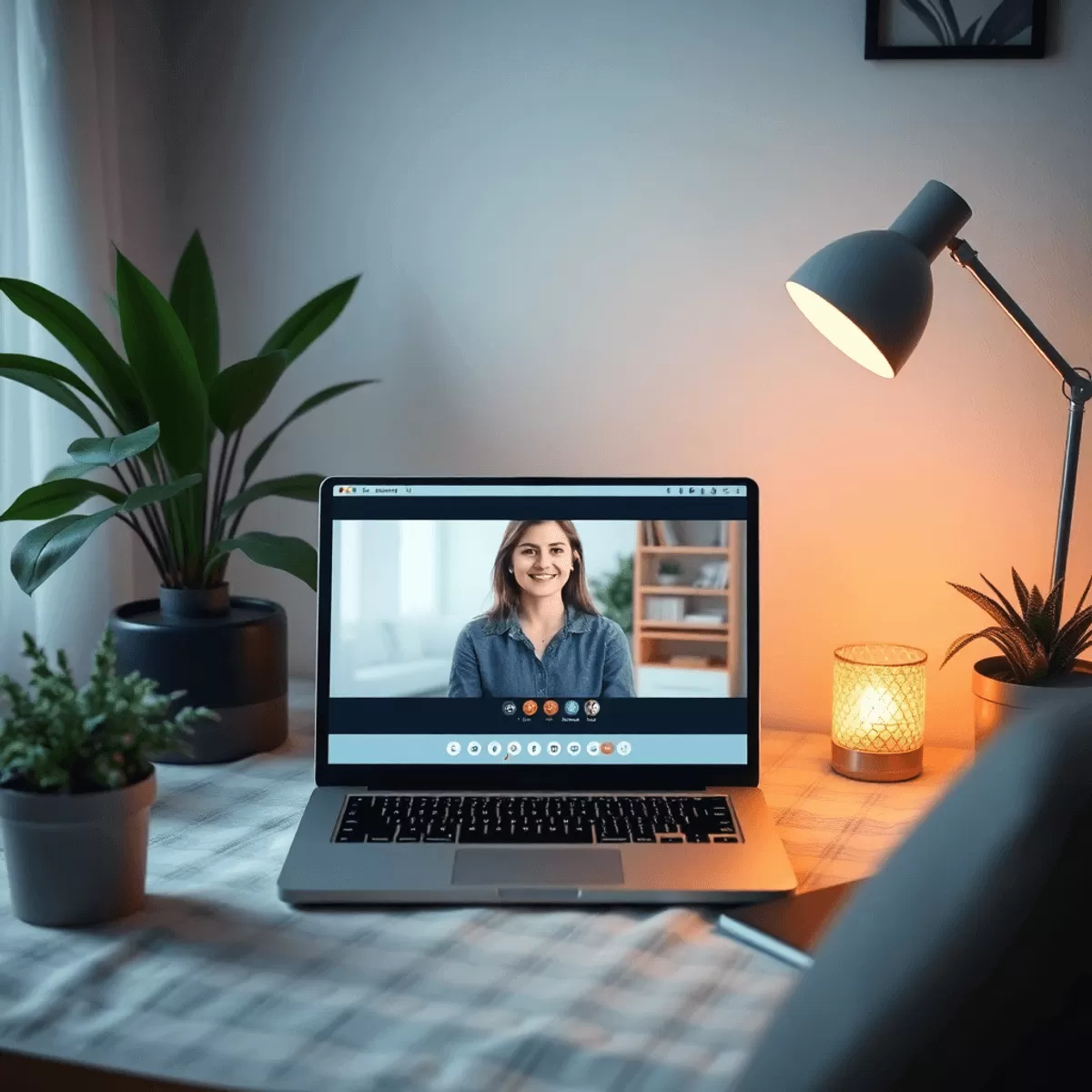 home office with a laptop showing a video call