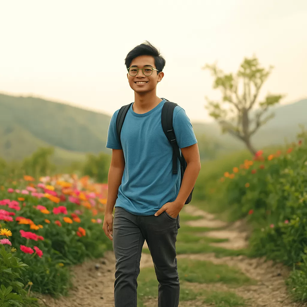 man walks along a path with a light backpack