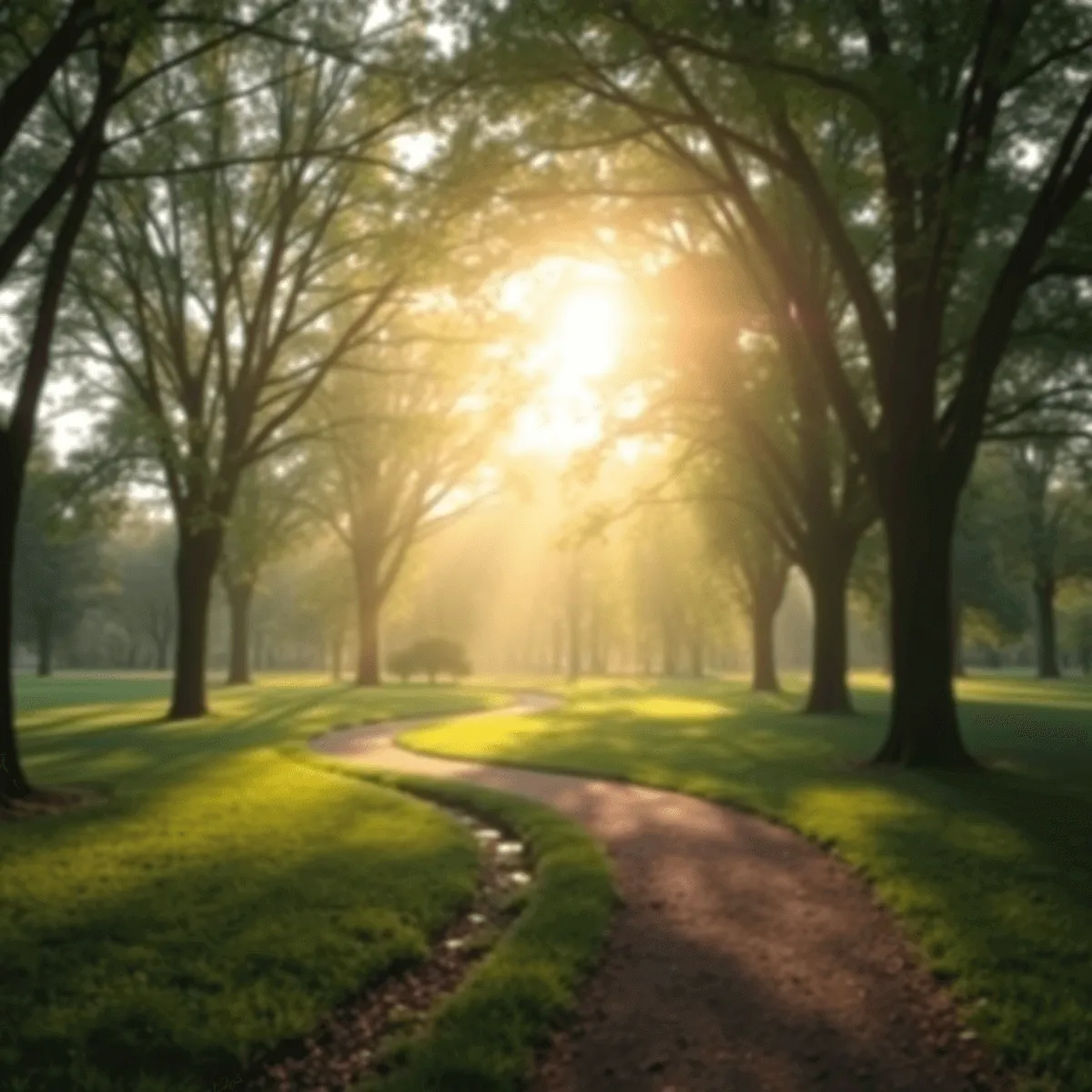 A tranquil park with soft sunlight filtering through trees, a gentle stream, and a winding pathway, evoking feelings of hope and healing in nature.