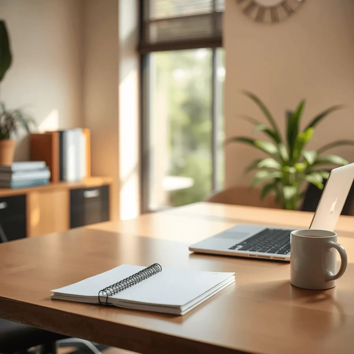 peaceful office scene featuring a desk with a lapt