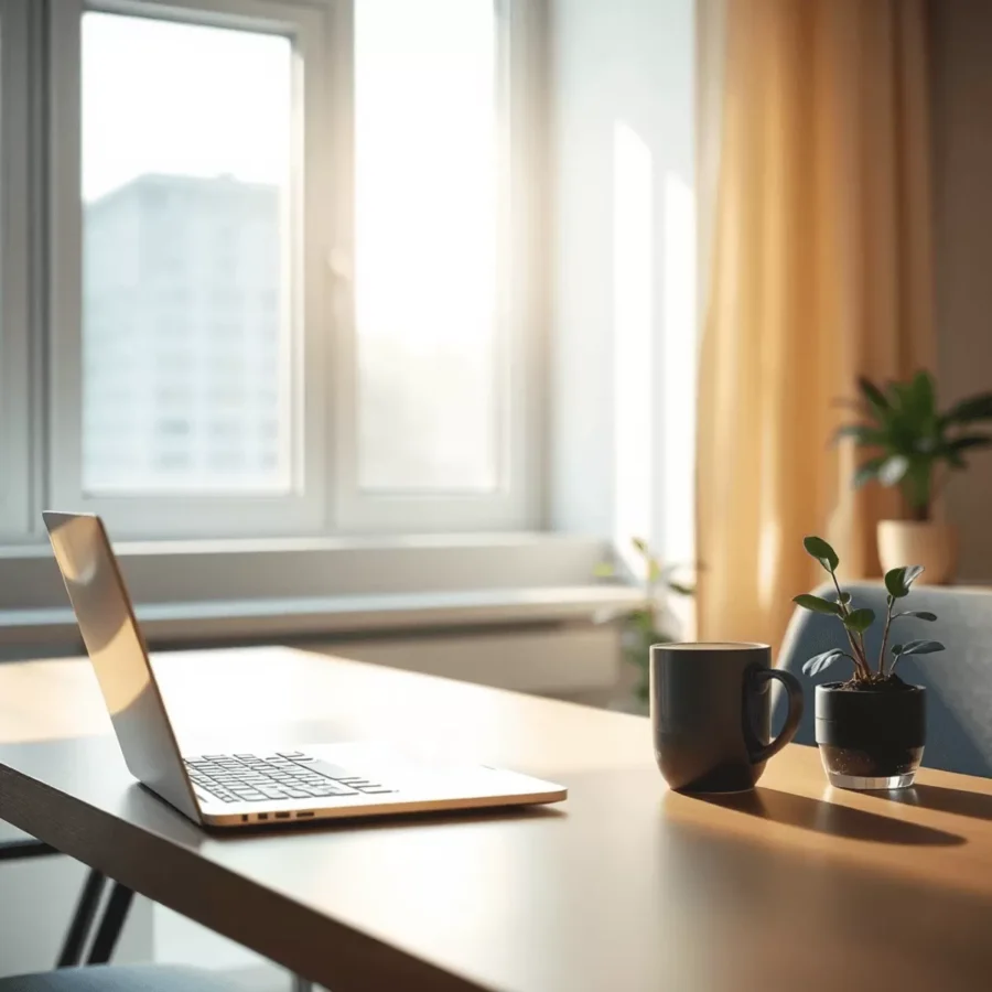 peaceful office space with a desk laptop coffee cu