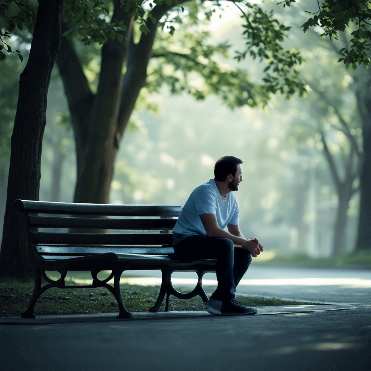 person sits on a park bench gazing thoughtfully in