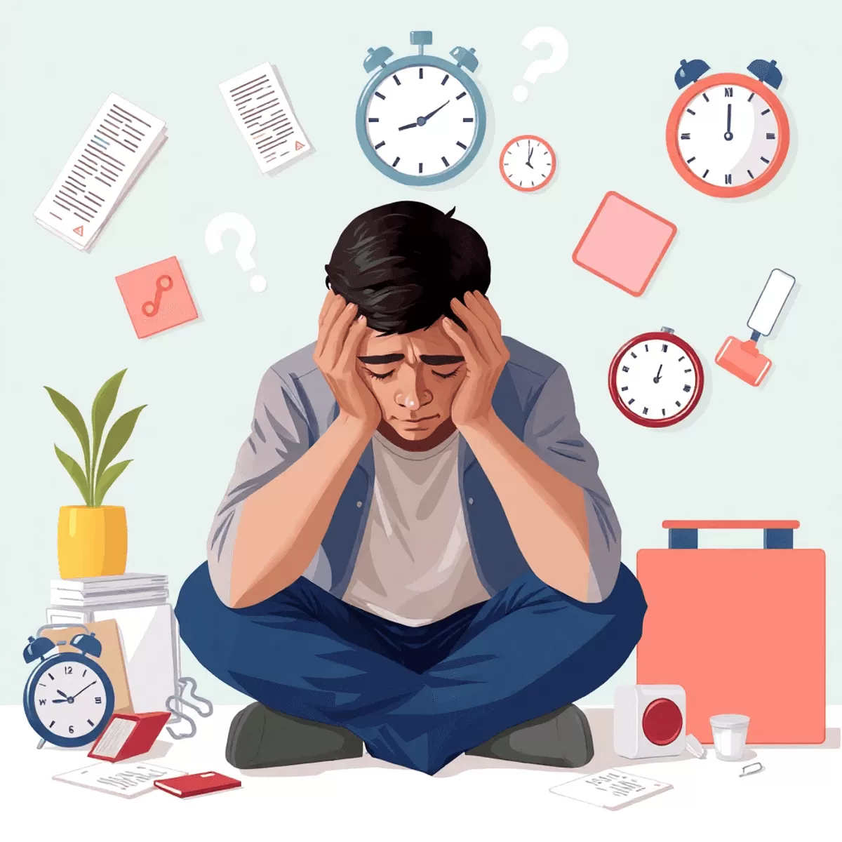 person sitting with their head in their hands