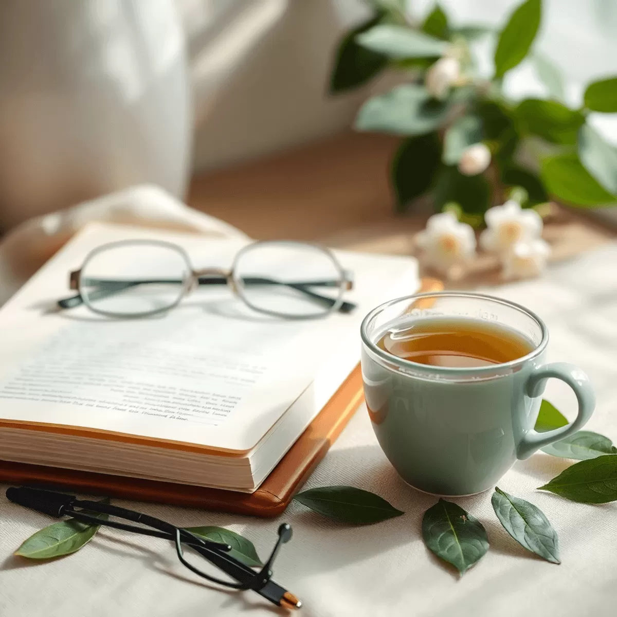 serene setting with soft lighting, featuring a journal, a cup of herbal tea