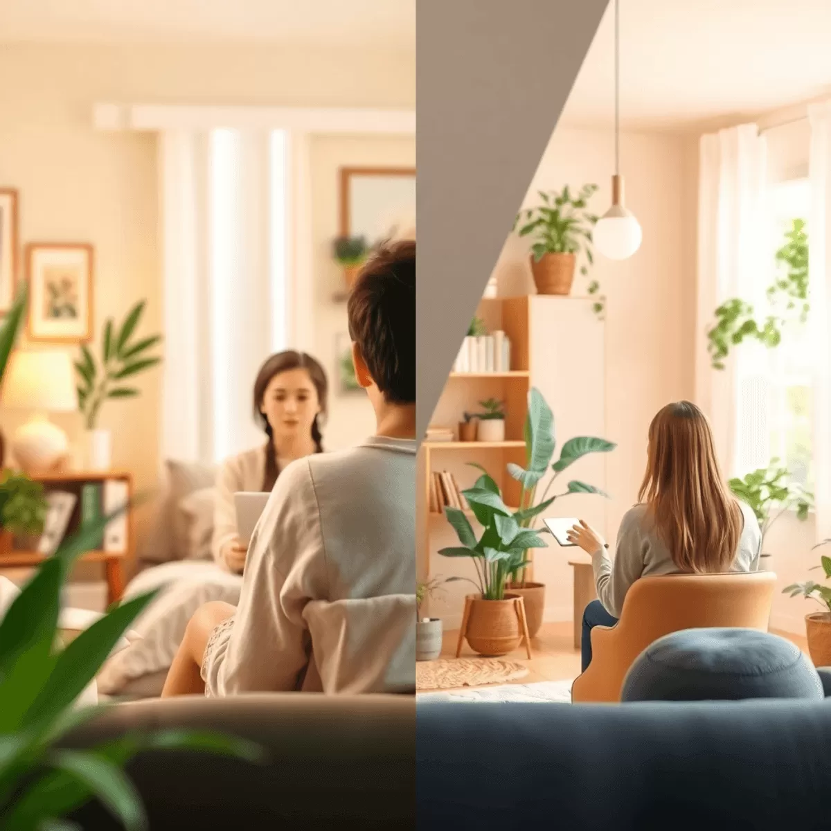 Split image online therapy session and face to face therapy