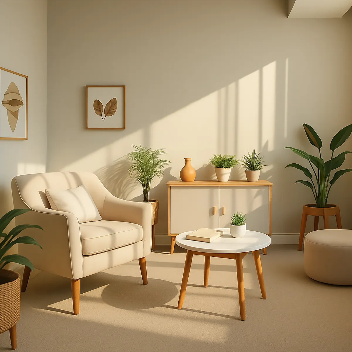 A cozy therapy room with soft lighting, comfortable seating, a small table with a notebook and pen, and plants.