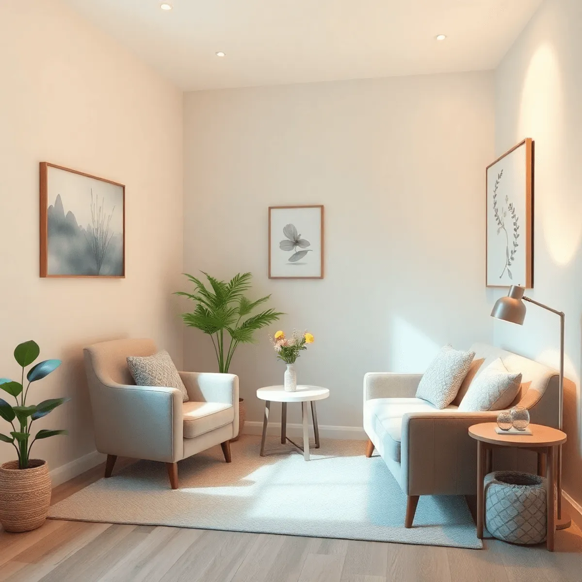 A cozy therapy room with soft lighting, a comfortable armchair, a small table with a plant, and soothing artwork, creating a tranquil space