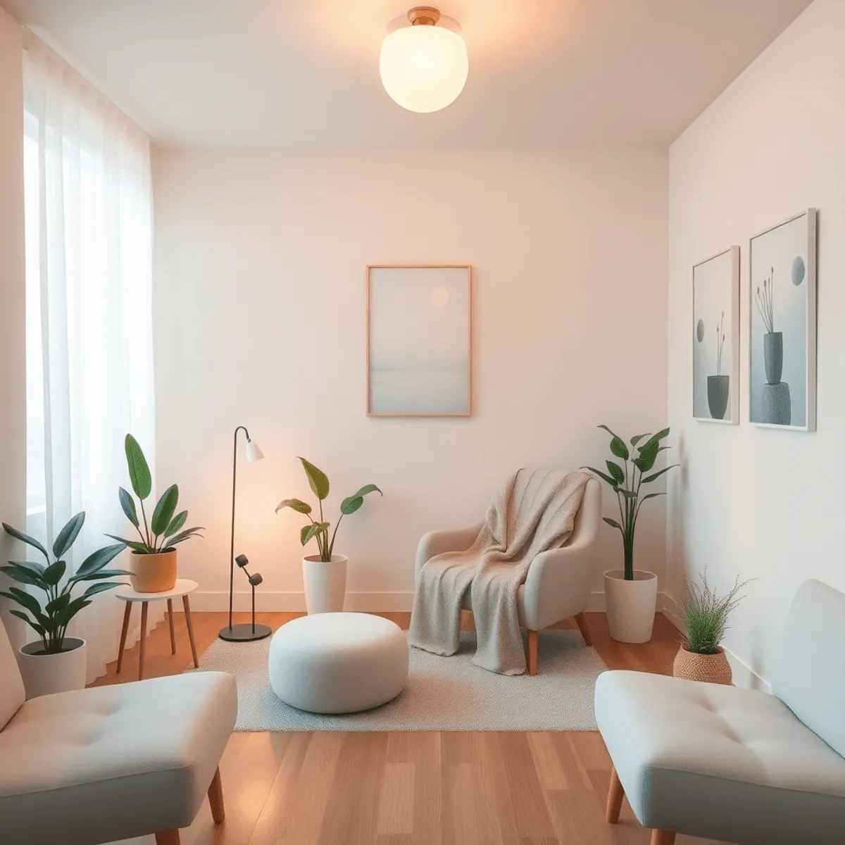 A peaceful therapy room featuring soft lighting, comfortable seating, a potted plant, a cozy blanket on the chair, and calming artwork on the walls.