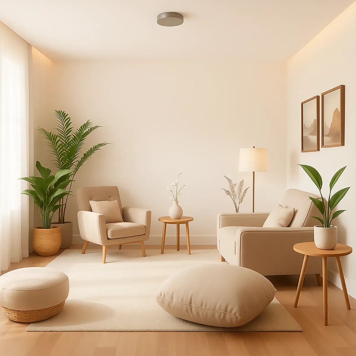 A cozy therapy room featuring comfortable seating, soft lighting, warm colors, a small table with a plant, and calming decor to create a welcoming setting.